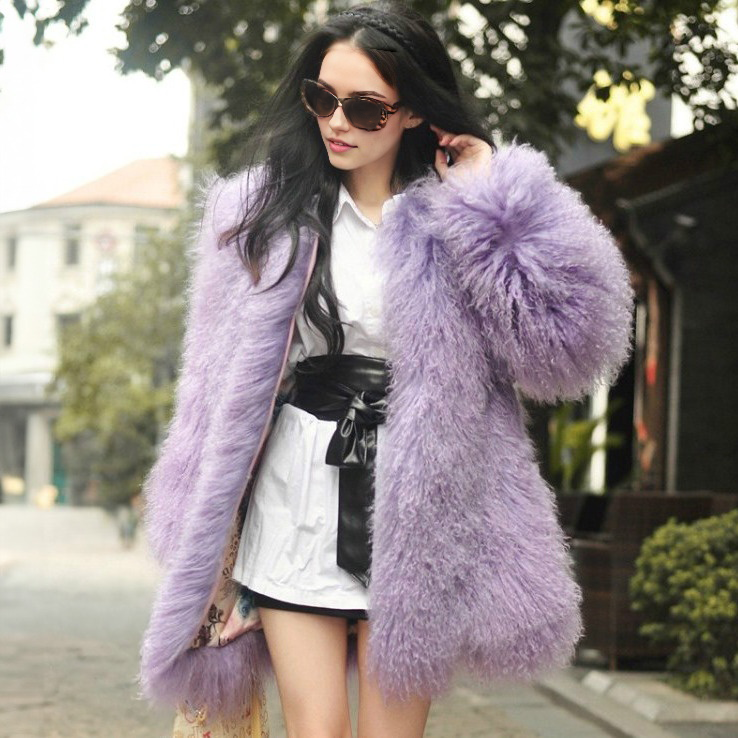 Tibetan Mongolian Lamb Fur Coat Lilac