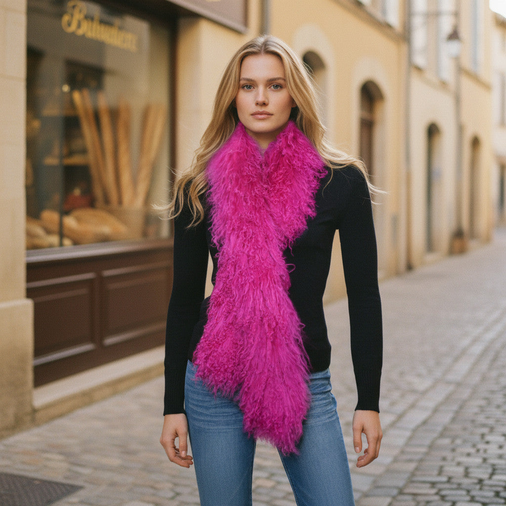 Tibetan Mongolian Lamb Fur Boa Scarf — Magenta