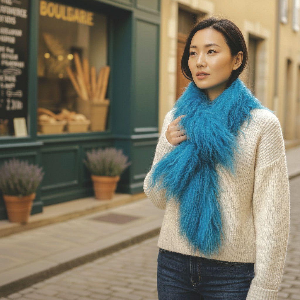 Tibetan Mongolian Lamb Fur Boa Scarf — Turquoise