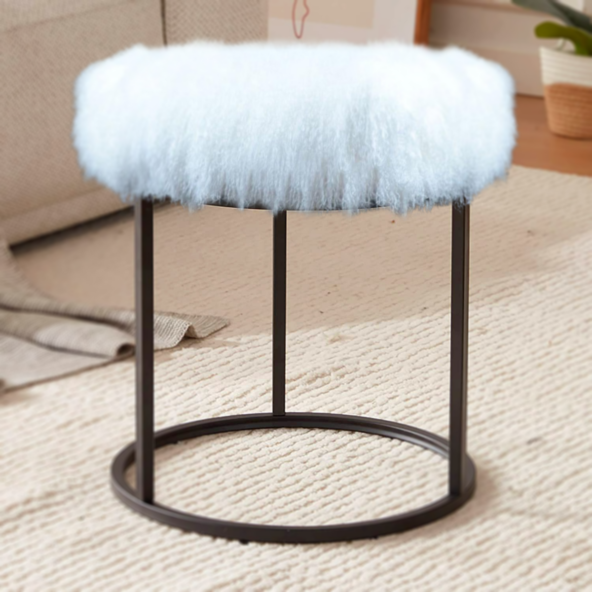 Tibetan Mongolian Lamb White Fur Stool Black Base