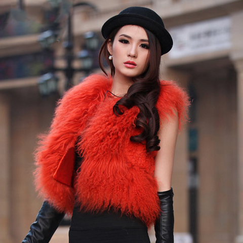 20" Tibetan Mongolian Lamb Fur Vest — Red