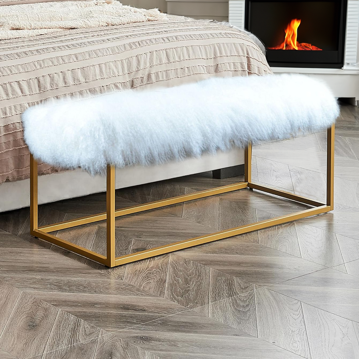 Mongolian Tibetan Lamb White Fur Bench Gold Metal Frame Base