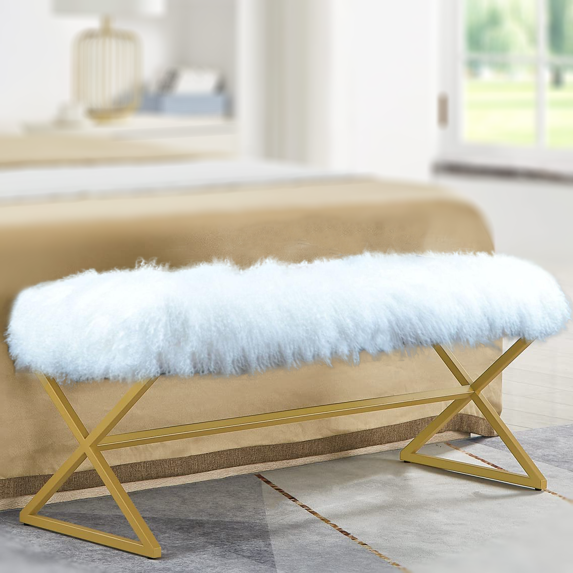 Tibetan Mongolian Lamb White Fur X Frame Gold Bench