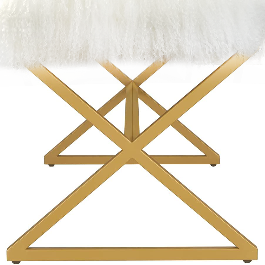 Tibetan Mongolian Lamb White Fur X Frame Gold Bench