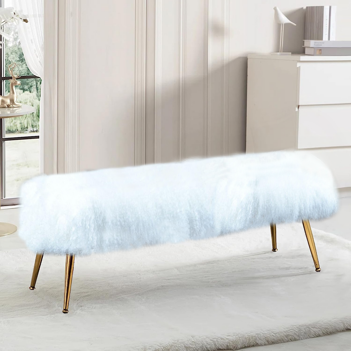 Mongolian Lamb White Fur Bench
