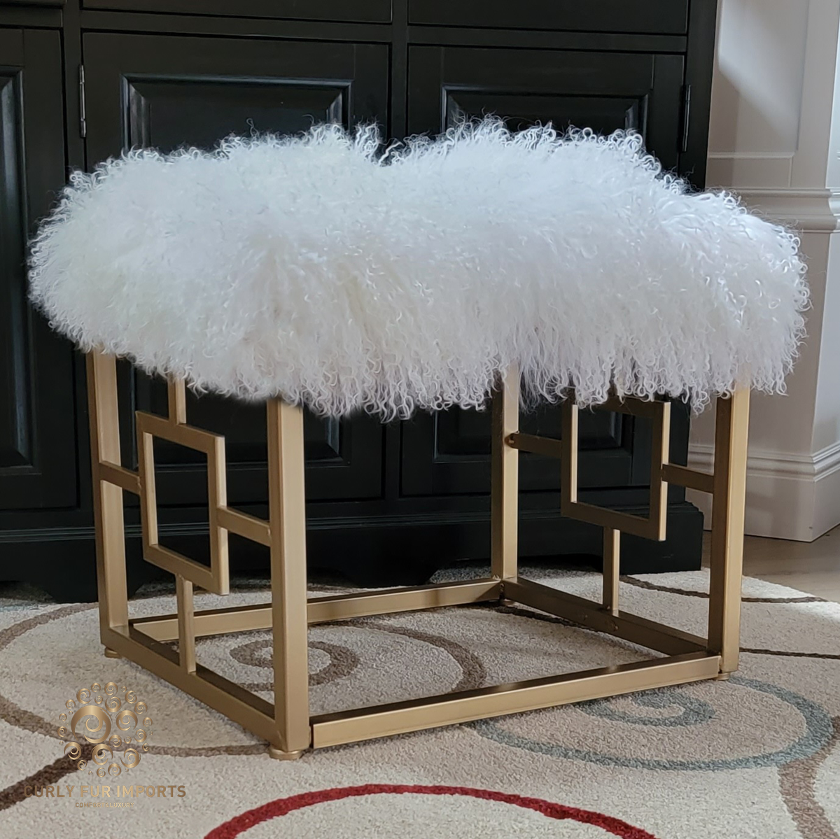 Mongolian Tibetan Lamb Fur Modern Ottoman 20" Wide
