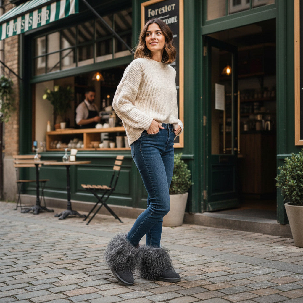 Tibetan Mongolian Lamb Fur Sheepskin Boots Mid Calf — Charcoal