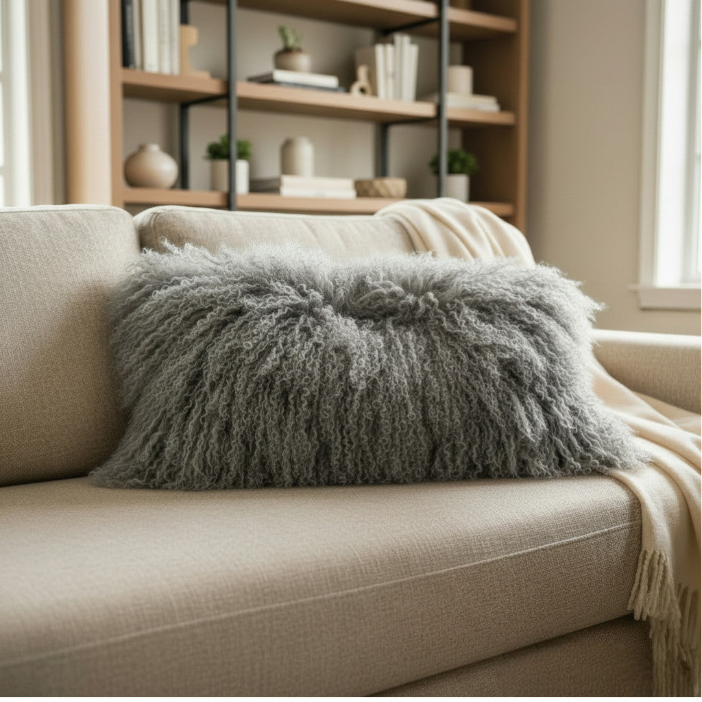 9" x 17" Tibetan Mongolian Lamb Fur Lumbar Pillow Single Sided — Grey