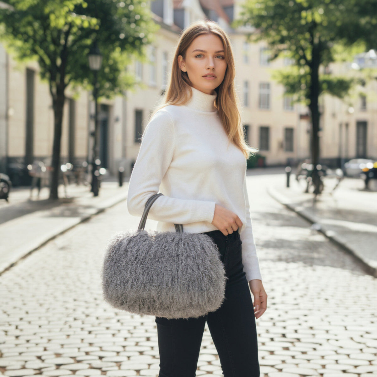 Tibetan Mongolian Lamb Fur Tote — Grey