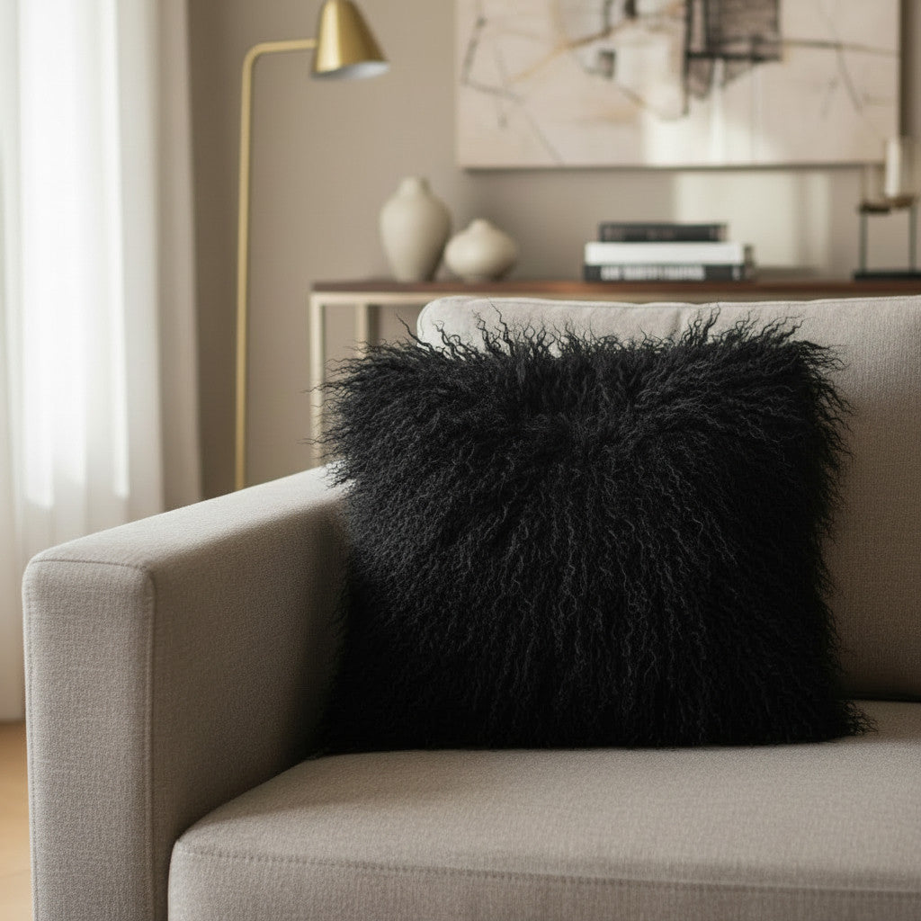 20" x 20" Tibetan Mongolian Lamb Fur Pillow Single Sided — Black