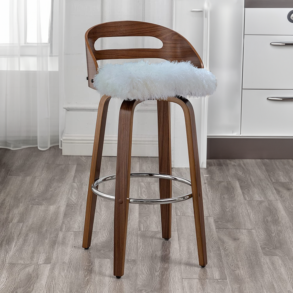 Tibetan Mongolian Lamb White Fur Swivel Barstool
