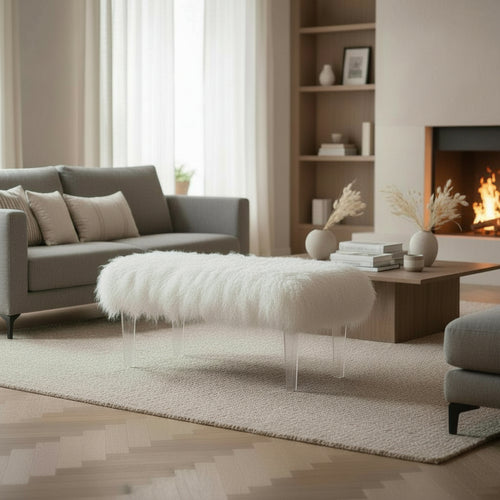 Tibetan Mongolian Lamb White Fur Acrylic Bench