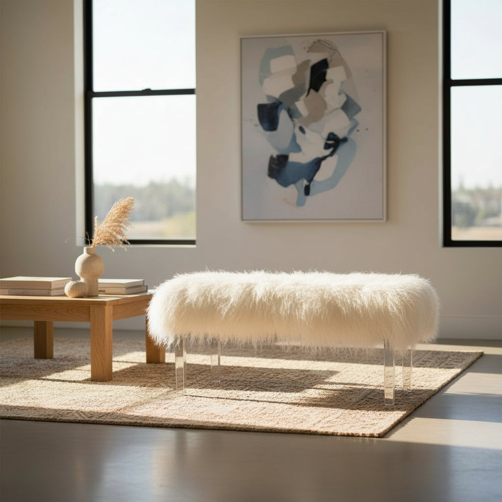 Tibetan Mongolian Lamb White Fur Acrylic Bench