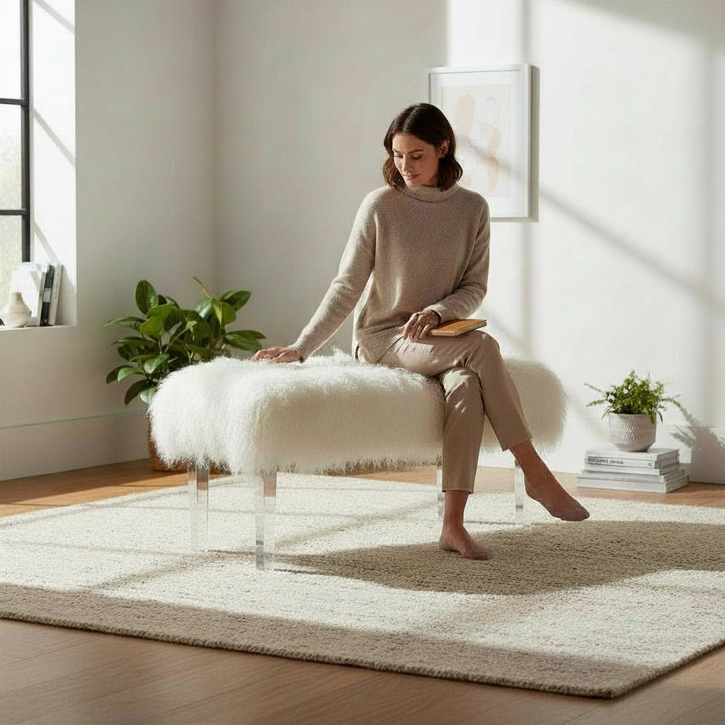 Tibetan Mongolian Lamb Fur Acrylic Bench 35"