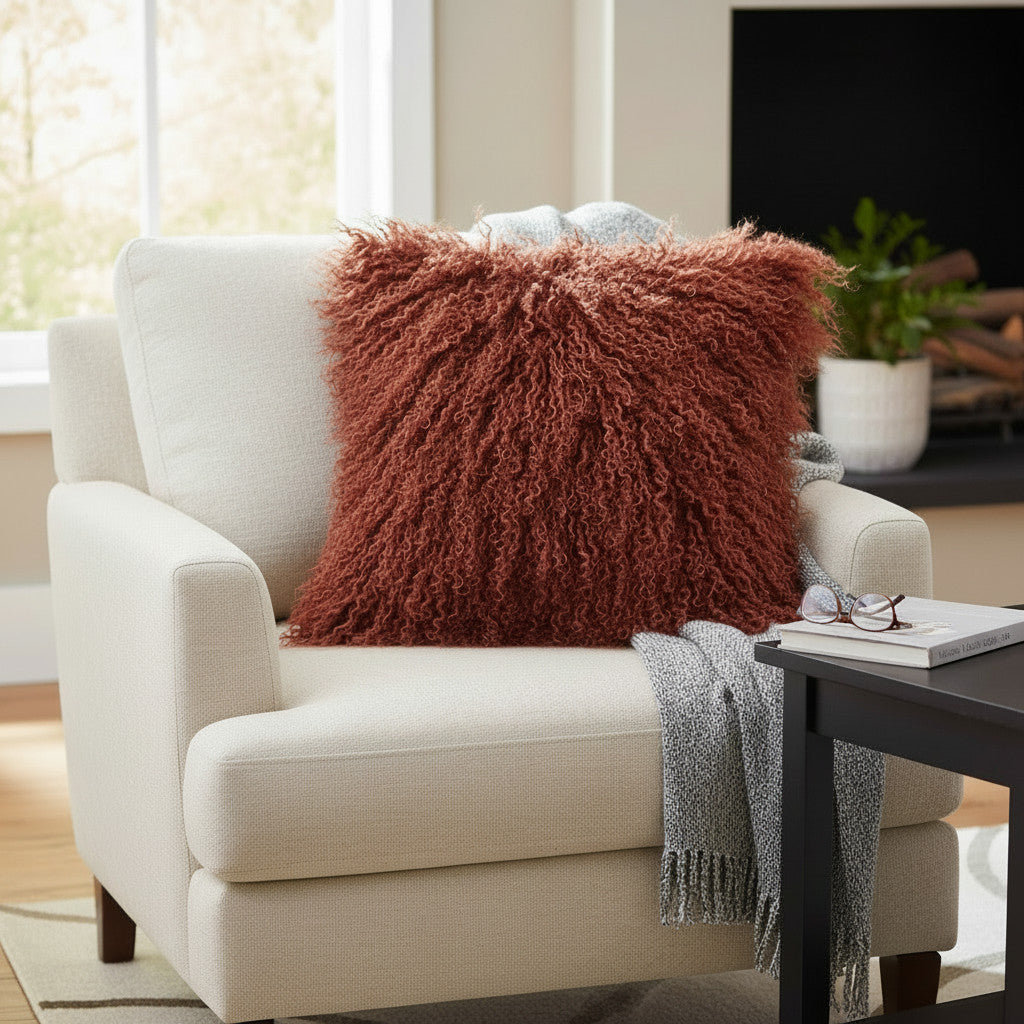 22" x 22" Tibetan Mongolian Lamb Fur Pillow Single Sided — Copper