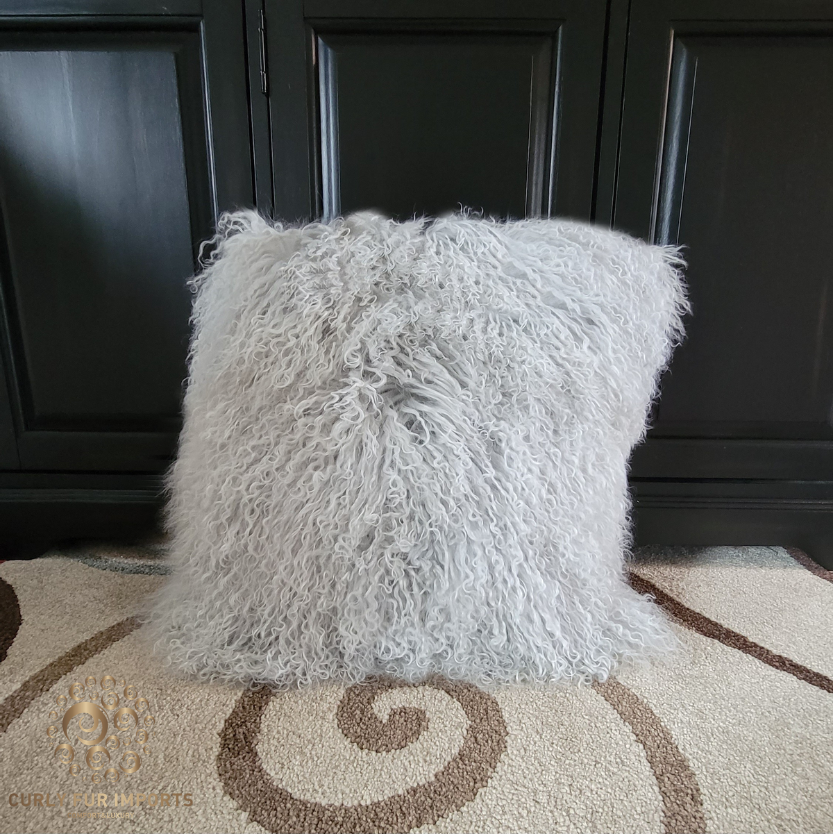 20" x 20" Tibetan Mongolian Lamb Fur Pillow Double Sided — Silver