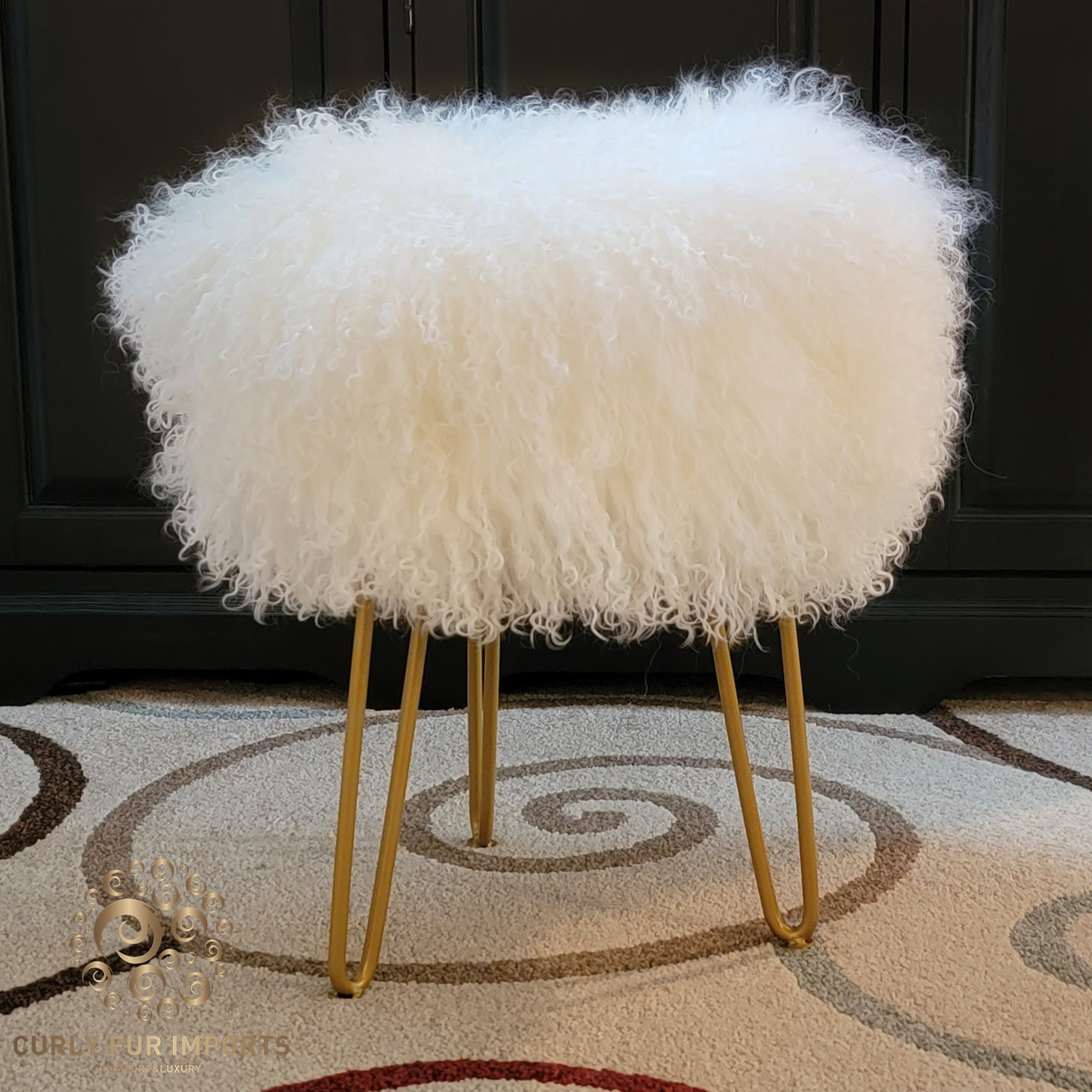 Snow White Solid Tibetan Lamb Fur round stool