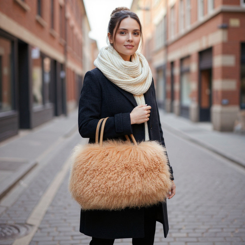 Tibetan Mongolian Lamb Fur Tote — Camel
