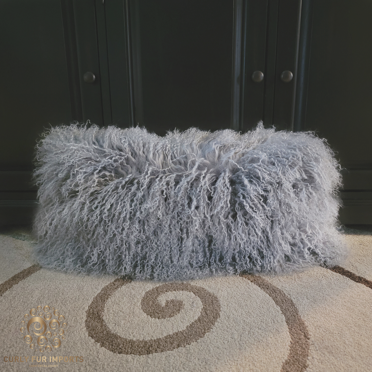 22" x 11" Mongolian Lamb Fur Pillow Double Sided Fur Light Gray