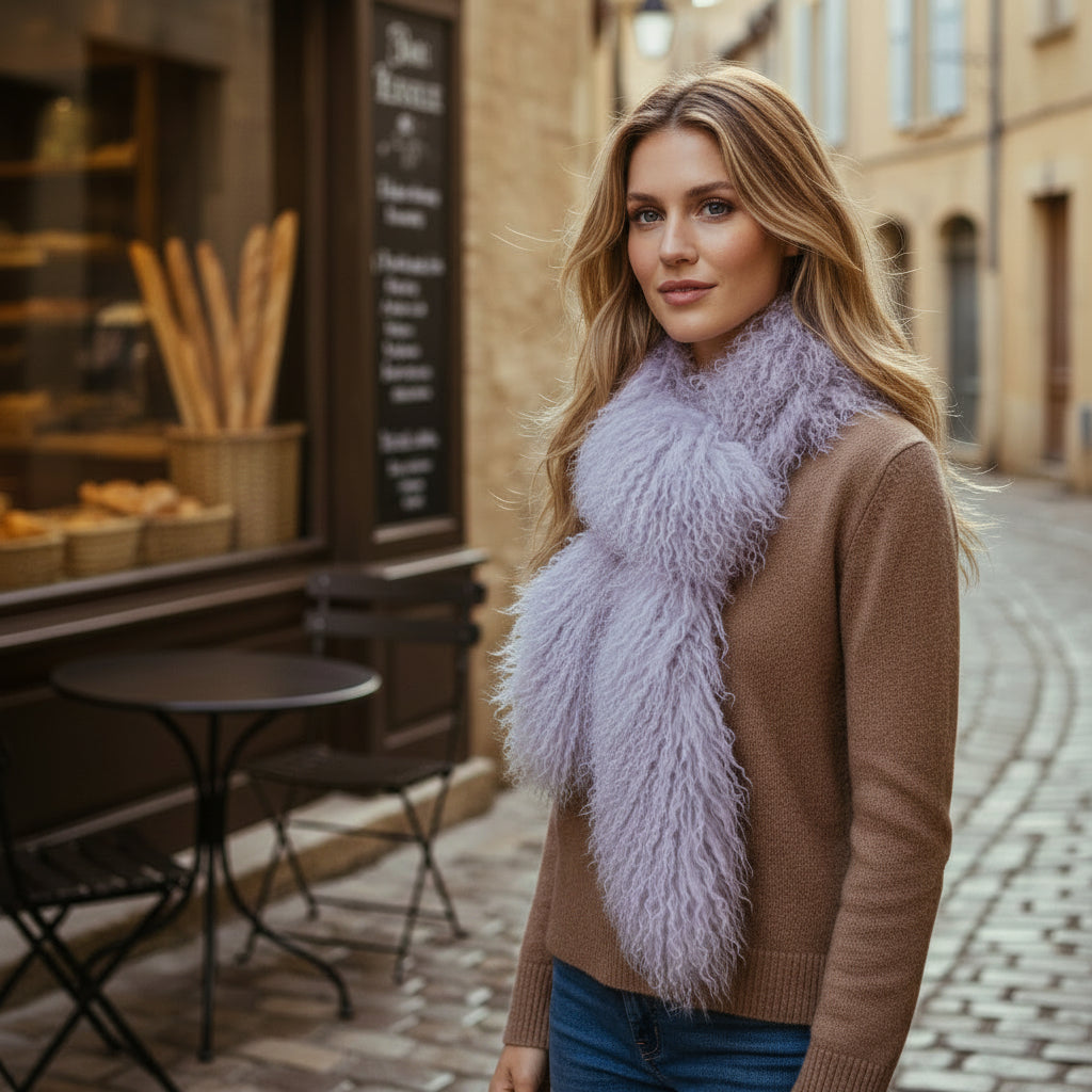 Tibetan Mongolian Lamb Fur Boa Scarf — Lilac