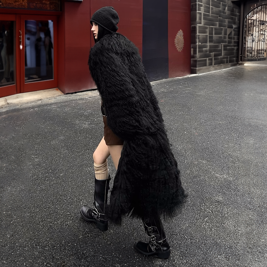 Tibetan Mongolian Lamb Fur Coat Black