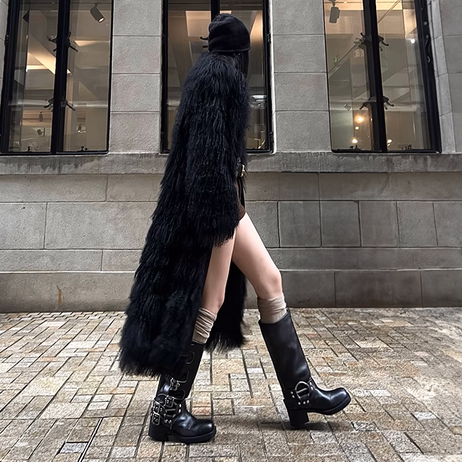 Tibetan Mongolian Lamb Fur Coat Black