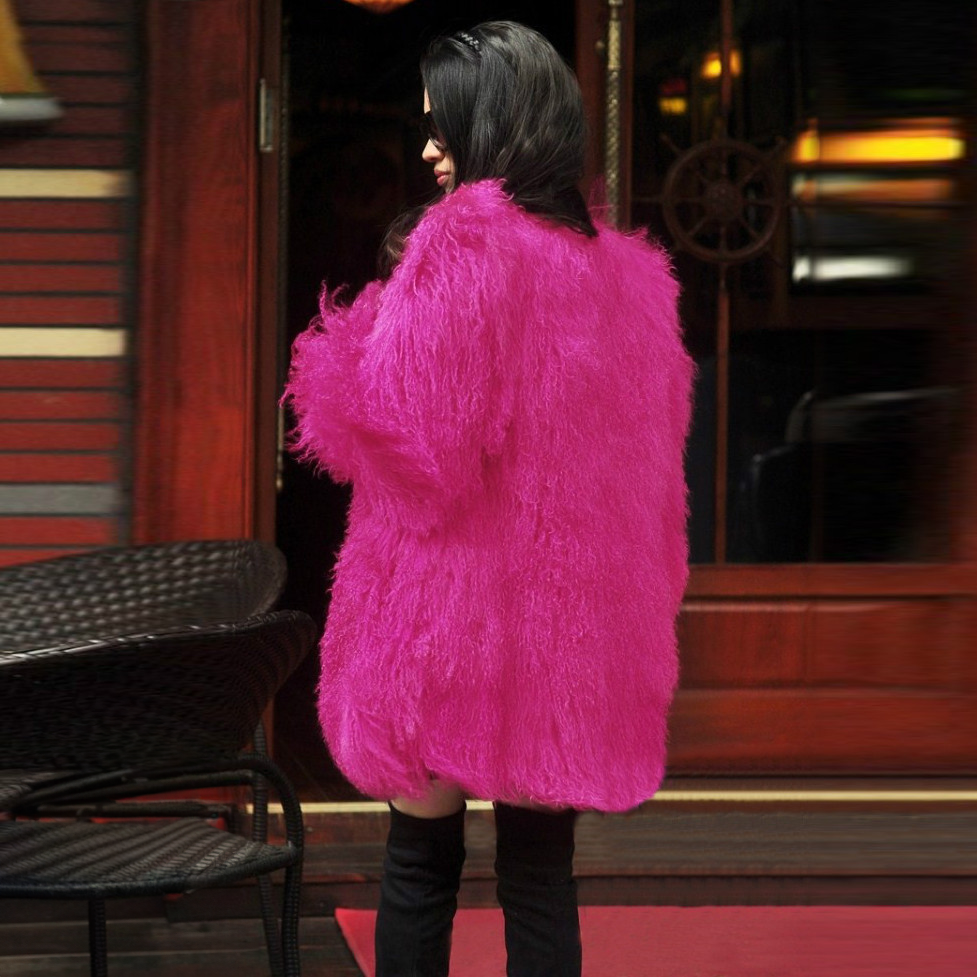 Mongolian/Tibetan Lamb Fur Collarless Coat - 31″ Magenta