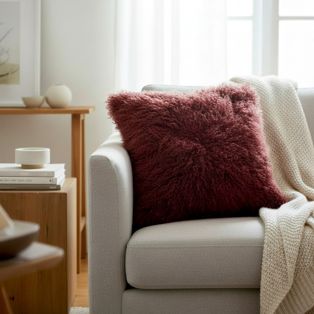 18" x 18" Tibetan Mongolian Lamb Fur Pillow Single Sided — Maroon