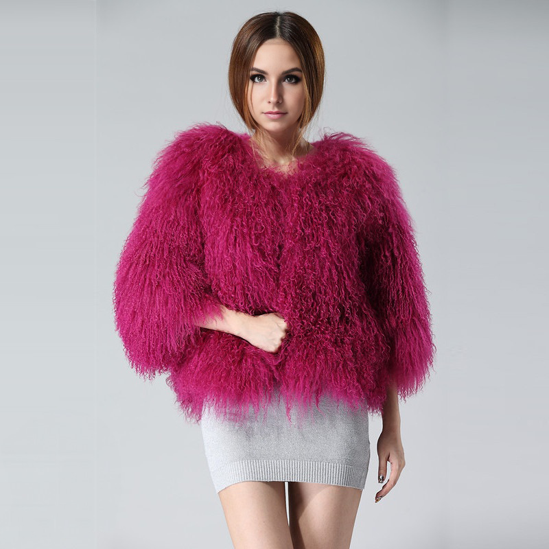 Mongolian/Tibetan Lamb Fur Collarless Coat - 25″ Magenta