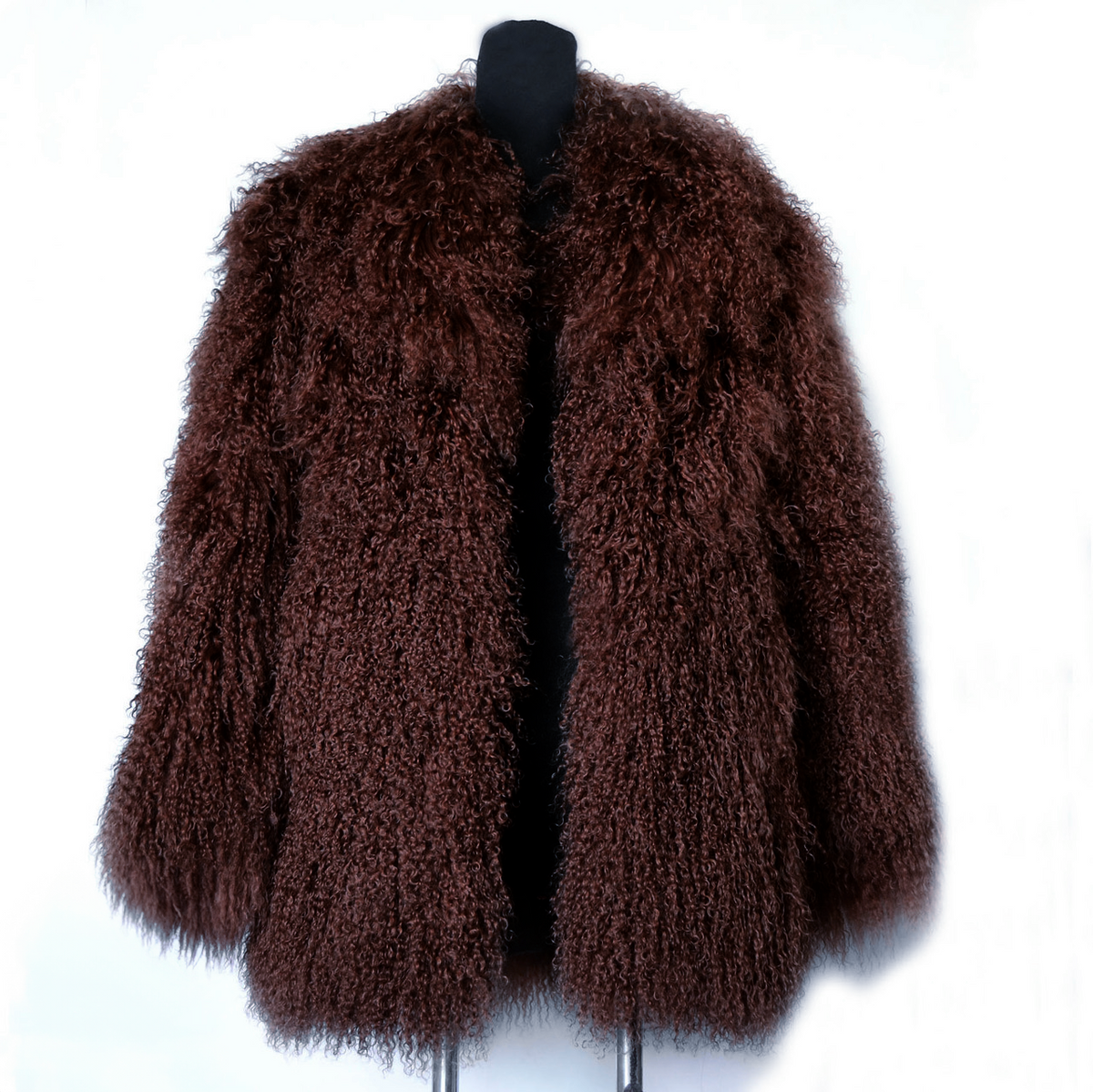 Mongolian/Tibetan Lamb Fur Collarless Coat - 31″ Brown