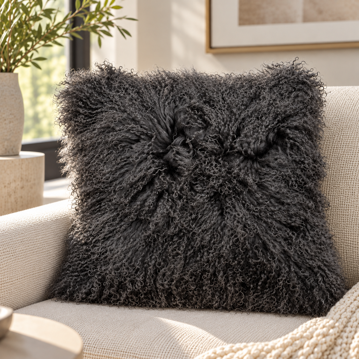 Mongolian/Tibetan Lamb Fur Pillow – 20″ × 20″ – Double-Sided