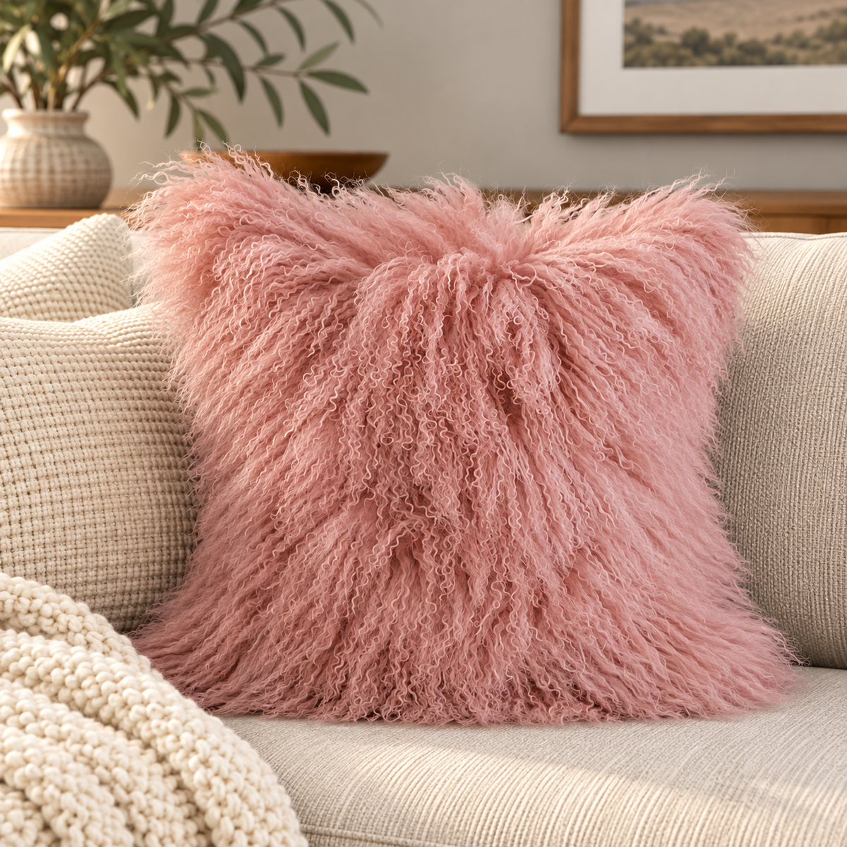 Mongolian/Tibetan Lamb Fur Pillow – 20″ × 20″ – Single-Sided