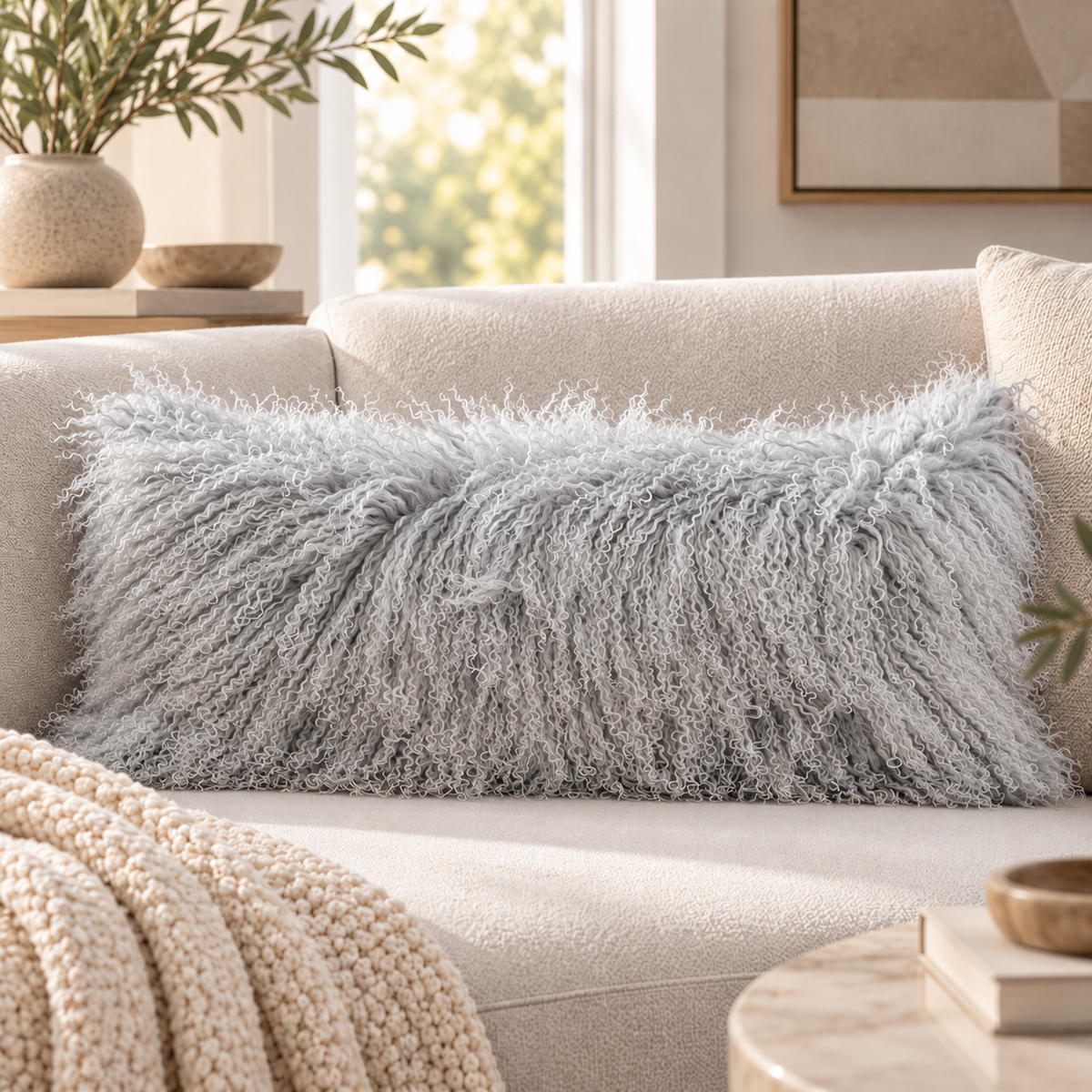 Mongolian/Tibetan Lamb Fur Lumbar Pillow – 14″ × 36″ – Single-Sided