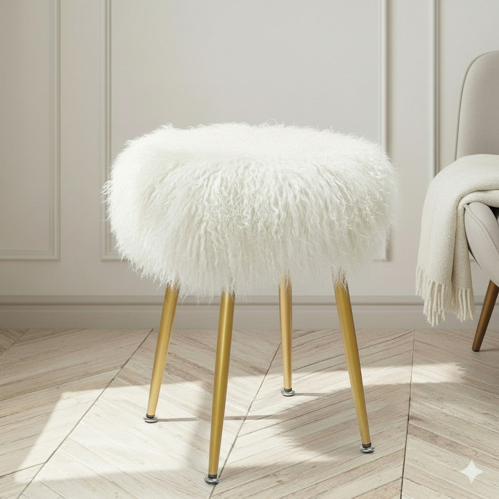 Mongolian Lamb Fur 360° Swivel Vanity Stool Gold Legs