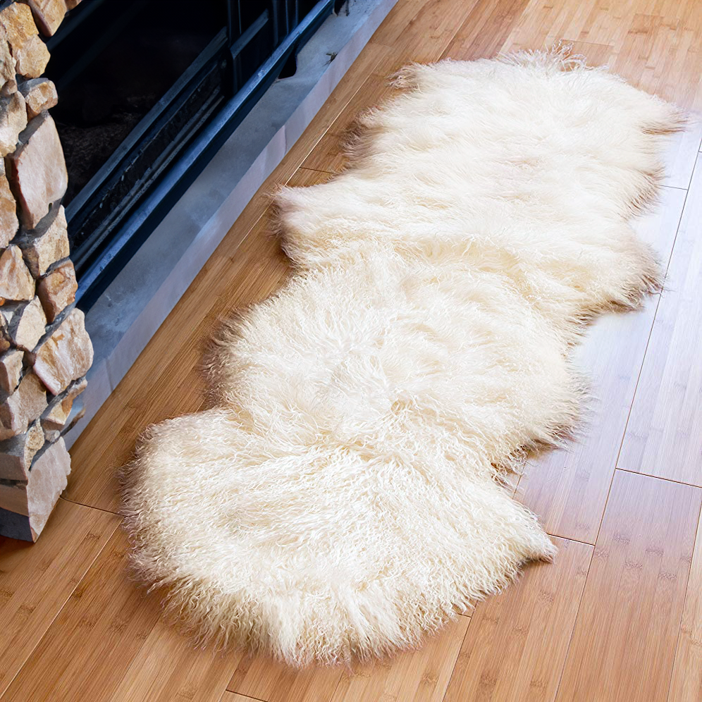 Tibetan Mongolian Lamb Fur Double Hide Rug — Natural White