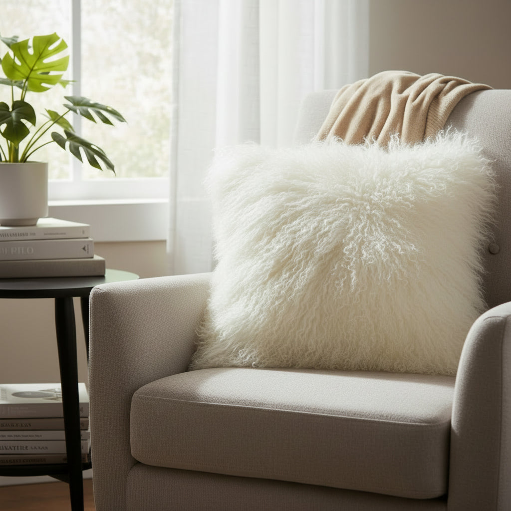 16" x 16" Tibetan Mongolian Lamb Fur Pillow Single Sided — Natural White