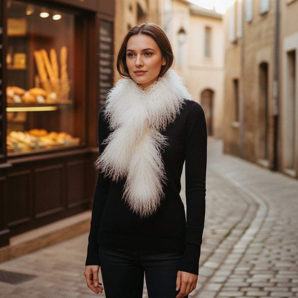 Tibetan Mongolian Lamb Fur Scarf — Natural White