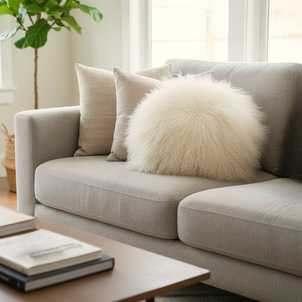 16" Round Tibetan Mongolian Lamb Fur Pillow Single Sided — Natural White