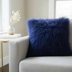 20" x 20" Tibetan Mongolian Lamb Fur Pillow Single Sided — Navy Blue
