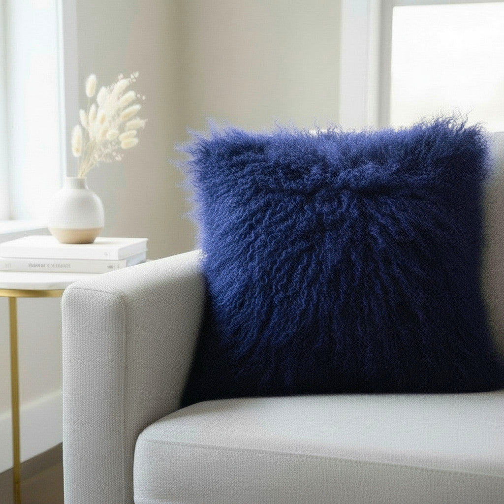 20" x 20" Tibetan Mongolian Lamb Fur Pillow Single Sided — Navy Blue