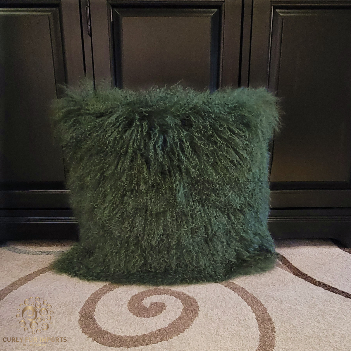 26" x 26" Tibetan Mongolian Lamb Fur Pillow Single Sided — Olive Green
