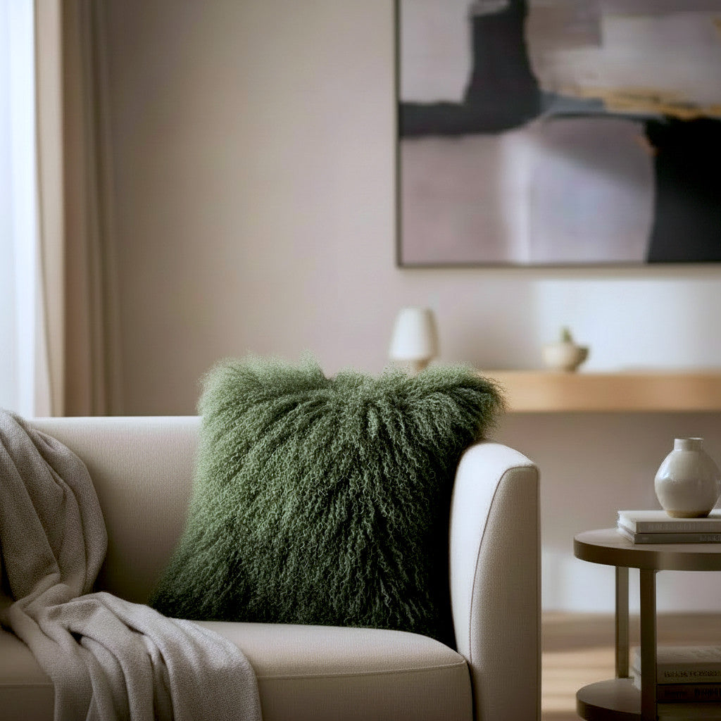22" x 22" Tibetan Mongolian Lamb Fur Pillow Single Sided — Olive Green