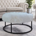 Mongolian Lamb White Fur Round Ottoman Metal Frame Black