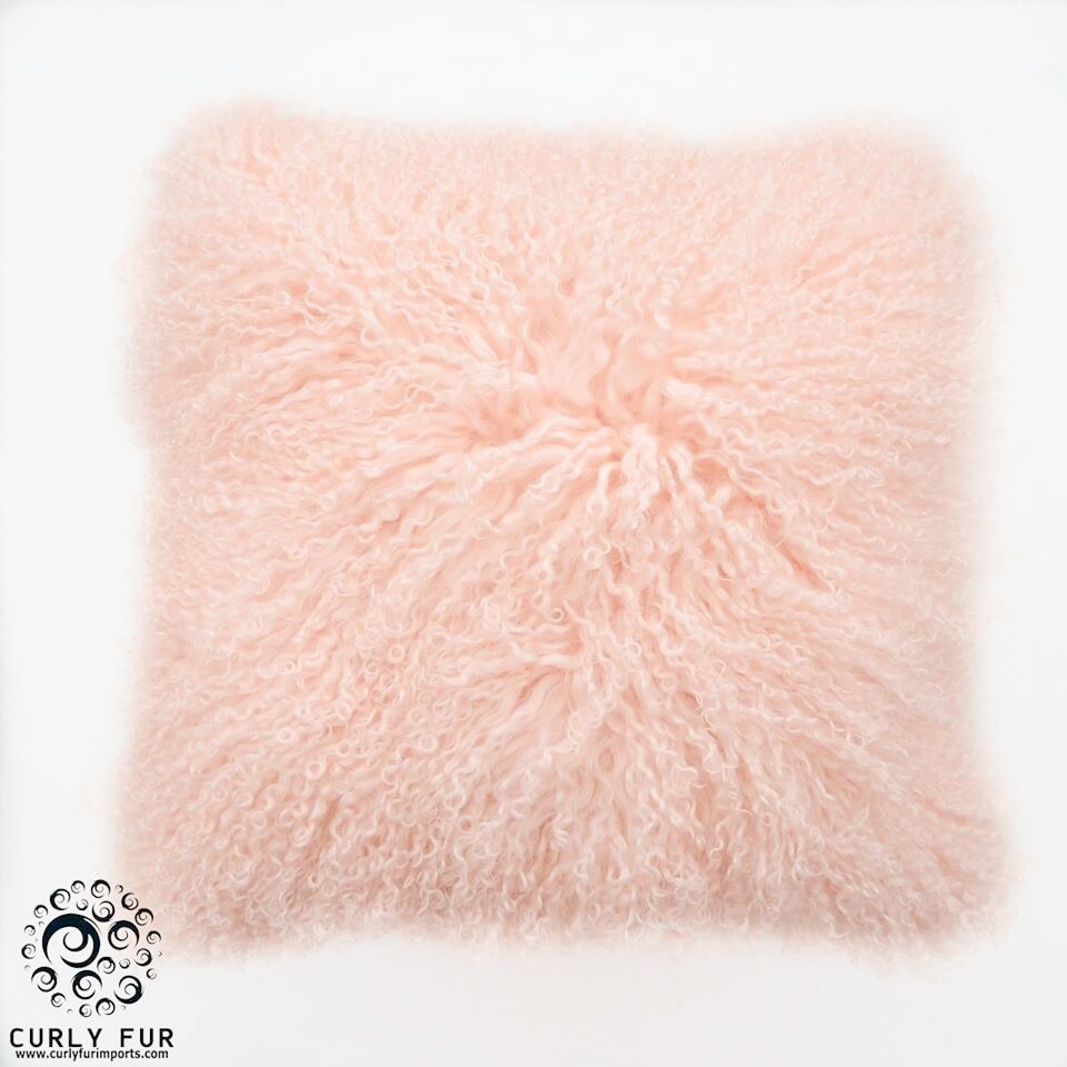 24" x 24" Tibetan Mongolian Lamb Fur Pillow Single Sided — Peach