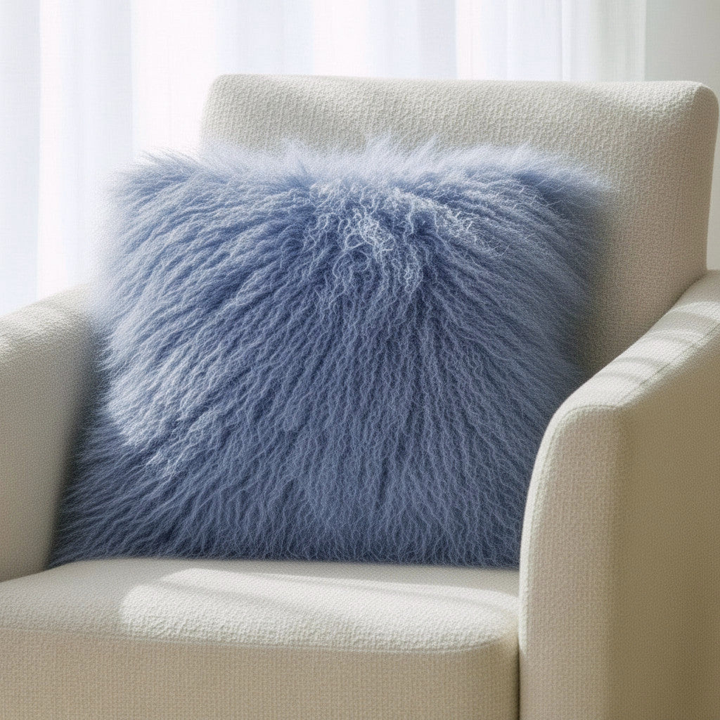 20" x 20" Tibetan Mongolian Lamb Fur Pillow Single Sided — Placid Blue