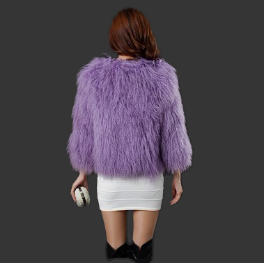 Mongolian/Tibetan Lamb Fur Collarless Coat - 25″ Purple