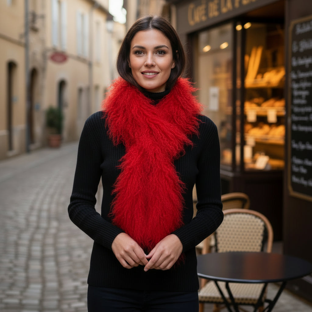 Tibetan Mongolian Lamb Fur Boa Scarf — Red