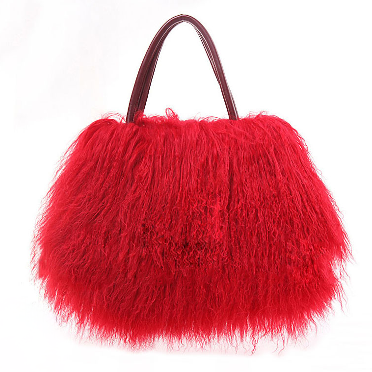 Mongolian Lamb Fur Tote red
