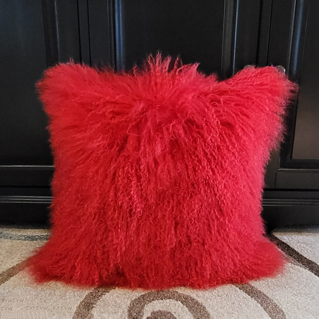 24" x 24" Tibetan Mongolian Lamb Fur Pillow Single Sided — Red