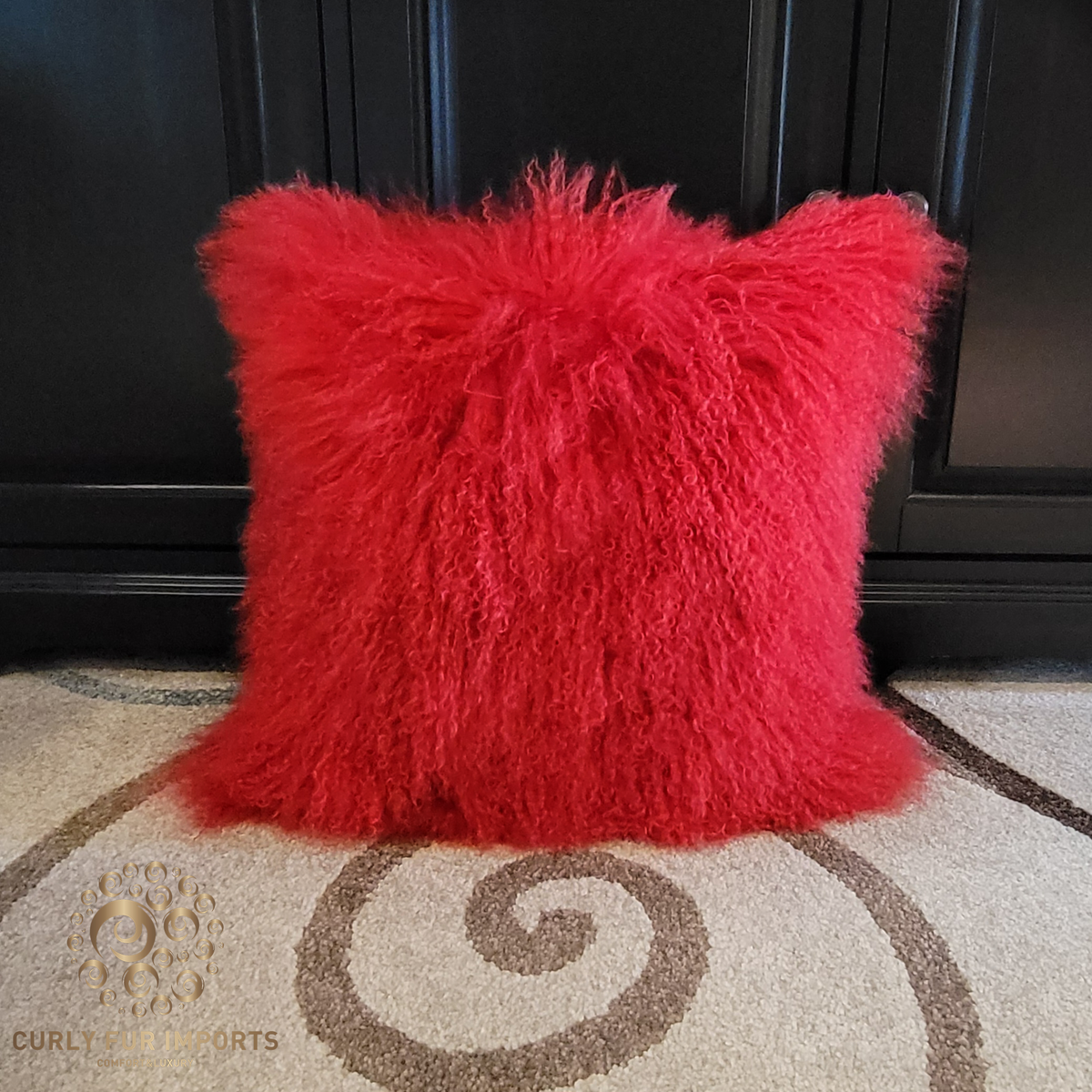 22" x 22" Tibetan Mongolian Lamb Fur Pillow Single Sided — Red